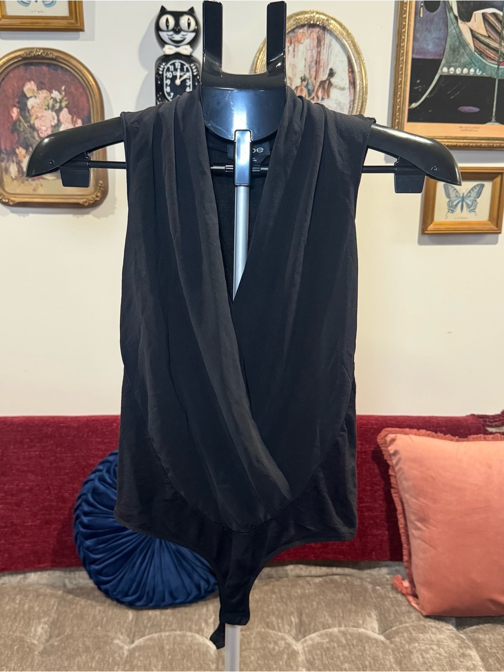 Bebe Y2K Sleeveless Black Draped V-Neck Bodysuit